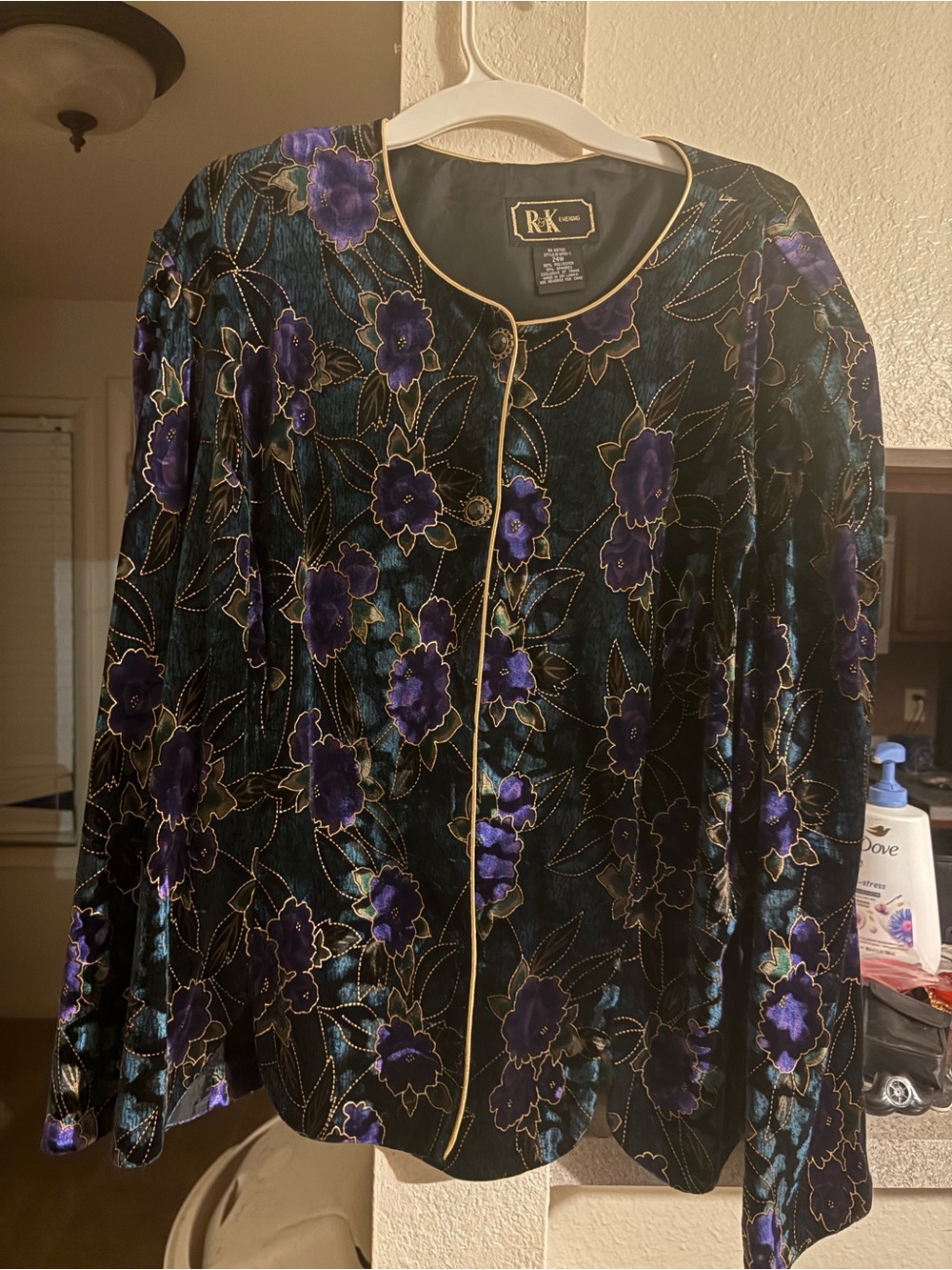Vintage Black Velvet Blazer with Purple Floral Embroidery